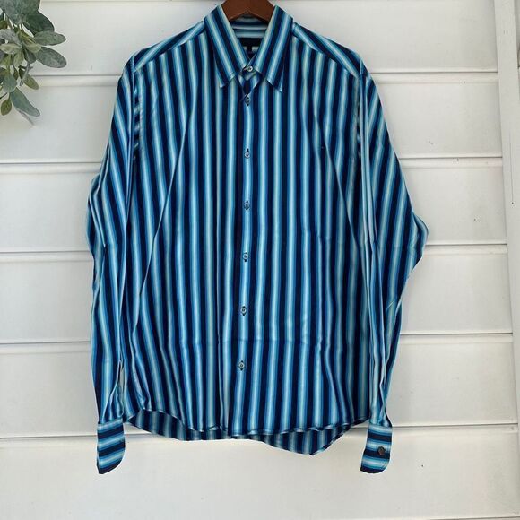 Ted Baker Striped Sateen‎ Finish Flip Cuff Button Down Shirt Size Large - Picture 1 of 11